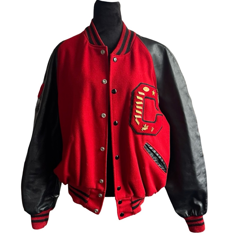 VTG 60s Campbell Chillicothe‎ Red Wool/Black Leather Letterman Jacket